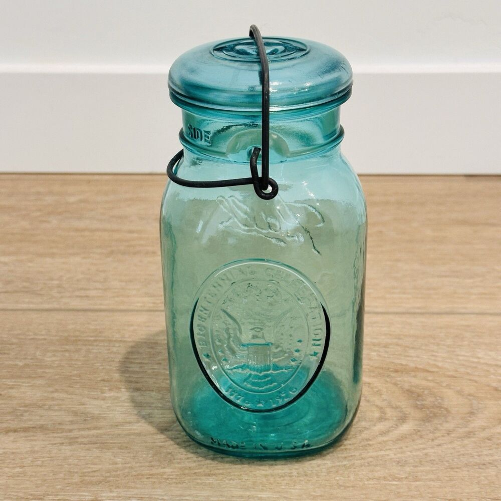 Ball Mason Jar Blue Ideal US Bicentennial A13 Quart Wire Bail Collectible w Lid